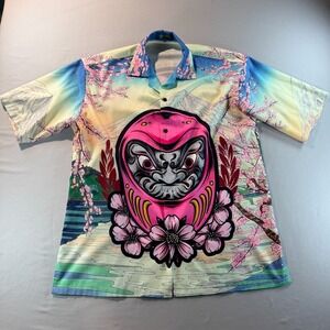 Karok Daruma Button Up Shirt L Japanese Art Cherry Blossom Graphic